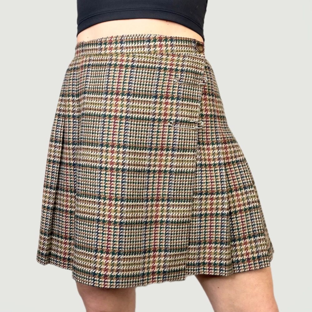 Vintage Plaid Pleated Skirt Wool Blend Tweed Houndstooth Mini Brown Safety Pin S